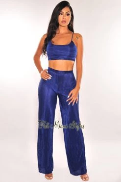 MEEK Just In Deep Blue Ribbed Palazzo Pants Two Piece Set