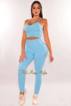 CHINA HMS Fit: Baby Blue Racerback Butt Lifting Leggings Two Piece Set Just In