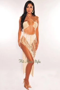 Hot & Delicious Nude Crochet Halter Cut Out Slit Midi Cover Up Dress