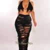 LOVESENSE Just In Black Knit Halter Triangle Top Fringe Ladder Cut Pants Two Piece Set