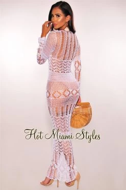 Elan International White Silky Crochet Cover-Up Long Sleeves Maxi Dress