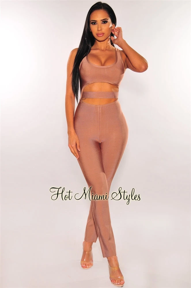Vendor-unknown Just In Mocha Bandage Cut Out Jumpsuit