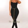 Elan International Black Gold Chain Tassel Tie Up Belted Jumpsuit Just In