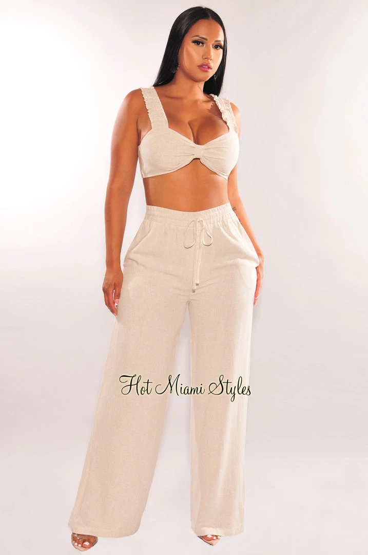 EDIT BY NINE Sets Taupe Linen Knotted Palazzo Pant Two Piece Set