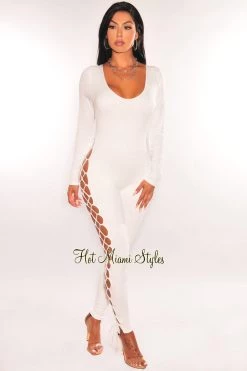 Dexire White Long Sleeve Lace Up Back Jumpsuit Just In