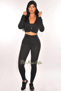 Hot & Delicious Just In HMS FIT: Black Textured Jacket Bralette Leggings Three Piece Set