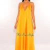 DRESS FORUM Honey Gold V Cut Spaghetti Straps Maxi Dress