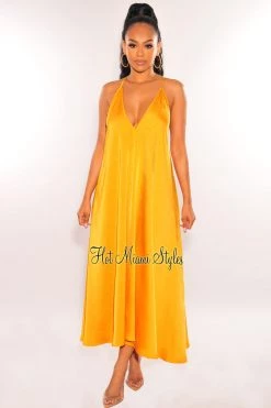 DRESS FORUM Honey Gold V Cut Spaghetti Straps Maxi Dress