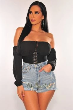 Orange Shine Black Hook & Eye Off Shoulder Bandage Corset Crop Top Just In