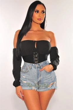 Orange Shine Black Hook & Eye Off Shoulder Bandage Corset Crop Top Just In
