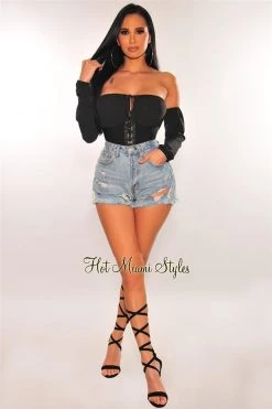 Orange Shine Black Hook & Eye Off Shoulder Bandage Corset Crop Top Just In