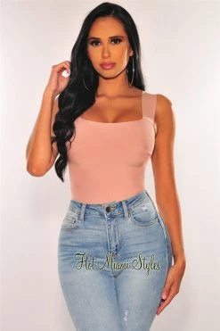 Glamazon Blush Square Neck Straps Bandage Bodysuit Just In