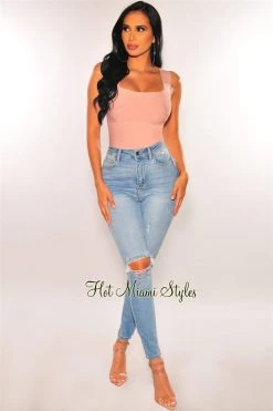 Glamazon Blush Square Neck Straps Bandage Bodysuit Just In