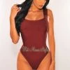 Glamazon Just In Chocolate Brown Square Neck Straps Bandage Bodysuit