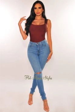 Glamazon Just In Chocolate Brown Square Neck Straps Bandage Bodysuit