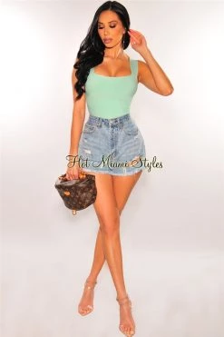 Glamazon Mint Square Neck Straps Bandage Bodysuit