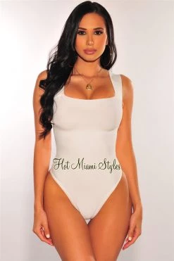 Glamazon White Square Neck Straps Bandage Bodysuit Just In