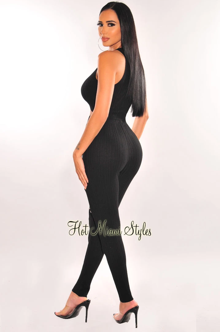 36 Points Black Ribbed Silver O-Ring Cut Out Pants Two Piece Set