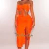 Canvas Just In Neon Orange Bandeau Ruched Slit Skirt Two Piece Set