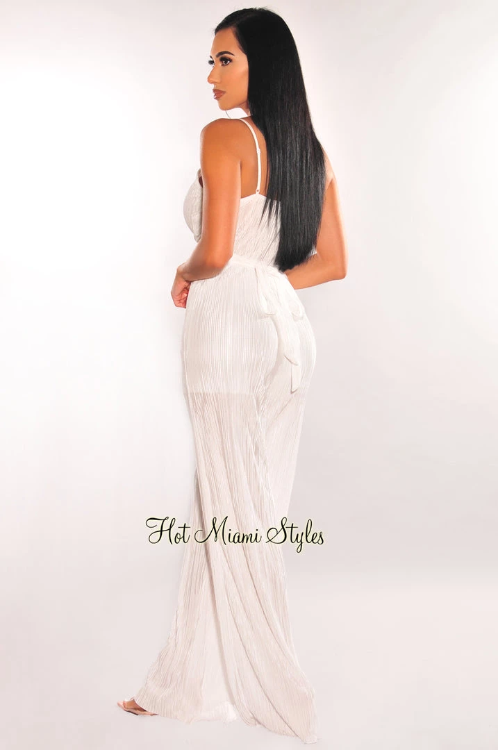 MEEK White Spaghetti Straps V Neck Pleated Belted Wide Leg Jumpsuit