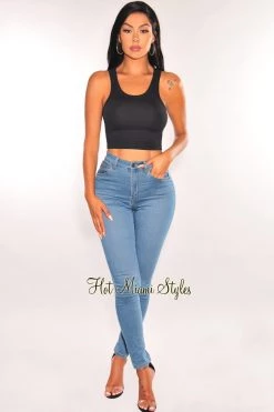 Idea... HMS ESSENTIAL: Black Ribbed Seamless Sleeveless Crop Top