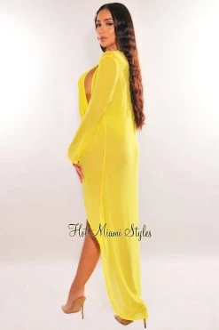 Hollywood & I Just In Yellow Mesh Long Sleeve High Low Cut Cover Up