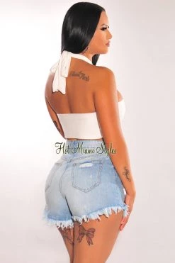 AMERICAN BAZI... Light Denim High Waist Destroyed Frayed Hem Shorts Just In
