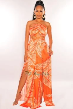 LUXXEL Orange Animal Print O-Ring Cord Cut Out Double Slit Maxi Dress Just In