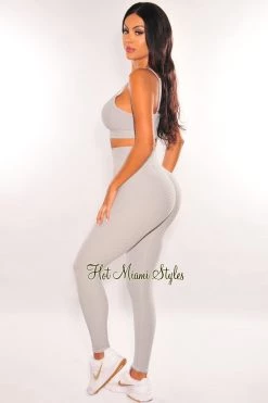 Vendor-unknown HMS Fit: Light Gray Textured Padded Butt Lifting Leggings Two Piece Set Just In