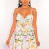 LUXXEL Mint Floral Print Spaghetti Straps Ruched Smocked Wrap Baby Doll Dress