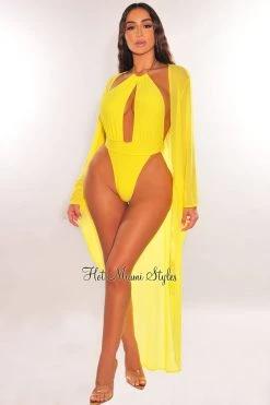 Hollywood & I Just In Yellow Mesh Long Sleeve High Low Cut Cover Up