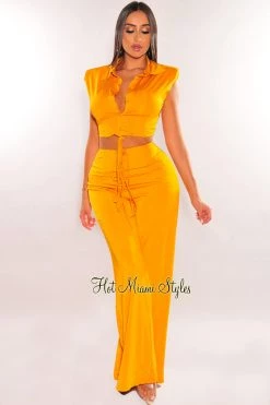 The Sang Clothing Just In Dijon Collared Button Up Palazzo Pant Two Piece Set