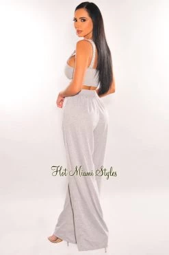 Dexire Light Gray Knotted Palazzo Pants Two Piece Set