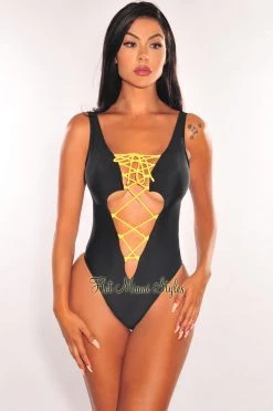 YIRA Black Yellow Padded Lace Up Keyhole One Piece Swimsuit