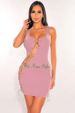 Hot & Delicious Just In Dusty Lavender Silver Studded Lace Up Sleeveless Dress