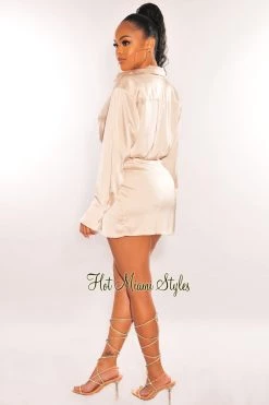 EDIT BY NINE Champagne Silky Collared Long Sleeve Knotted Slit Shirt Dress Just In