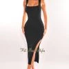 Vendor-unknown Just In Black Ribbed Square Neck Sleeveless Slit Dress