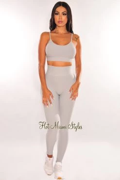 Vendor-unknown HMS Fit: Light Gray Textured Padded Butt Lifting Leggings Two Piece Set Just In