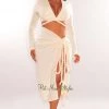 Athina Cream Long Sleeve Wrap Around Twist Rope Skirt Two Piece Set