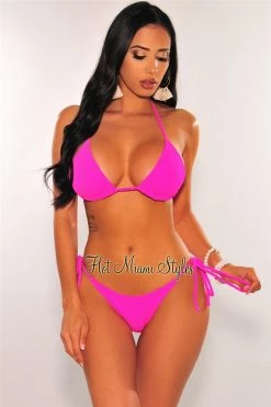 Vendor-unknown Hot Pink Ribbed Triangle Adjustable Thong Bikini Just In