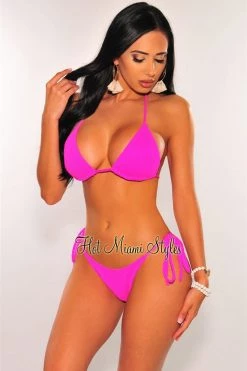 Vendor-unknown Hot Pink Ribbed Triangle Adjustable Thong Bikini Just In