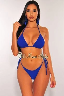 Vendor-unknown Royal Blue Ribbed Triangle Adjustable Thong Bikini