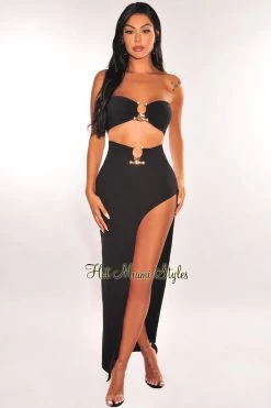Dexire Just In Black Gold Ring Bandeau Slit Skirt Two Piece Set
