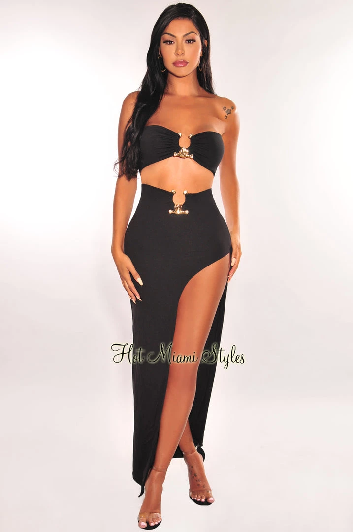 Dexire Just In Black Gold Ring Bandeau Slit Skirt Two Piece Set
