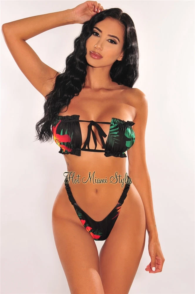 Vendor-unknown Black Tropical Print Ruched Bust Frill Bandeau Bikini Just In