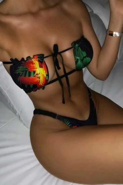 Vendor-unknown Black Tropical Print Ruched Bust Frill Bandeau Bikini Just In