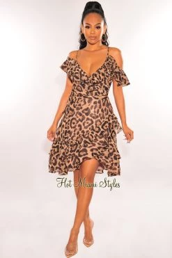 ZURA Leopard Print Off Shoulder Ruffle Wrap Baby Doll Dress Just In