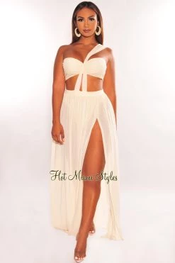 REhab Cream One Shoulder Cut Out Strappy Slit Maxi Dress