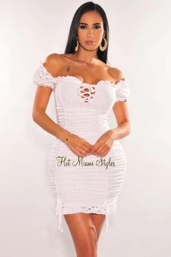 Nightie White Eyelet Peasant Short Sleeve Ruffle Ruched Dress Just In