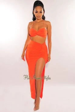 SPRING HAZE Just In Tangerine Knotted Slit Skirt Two Piece Set